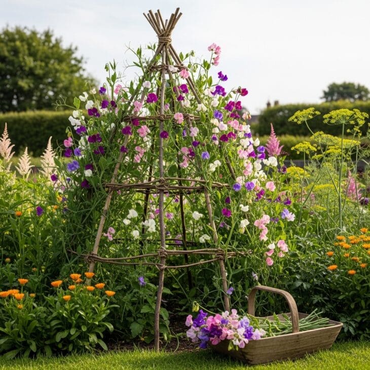 Hazel wigwam covered in climbing sweet peas