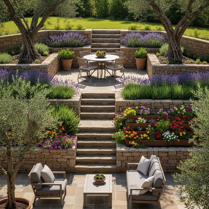 Sloping garden split into level patio terraces with steps