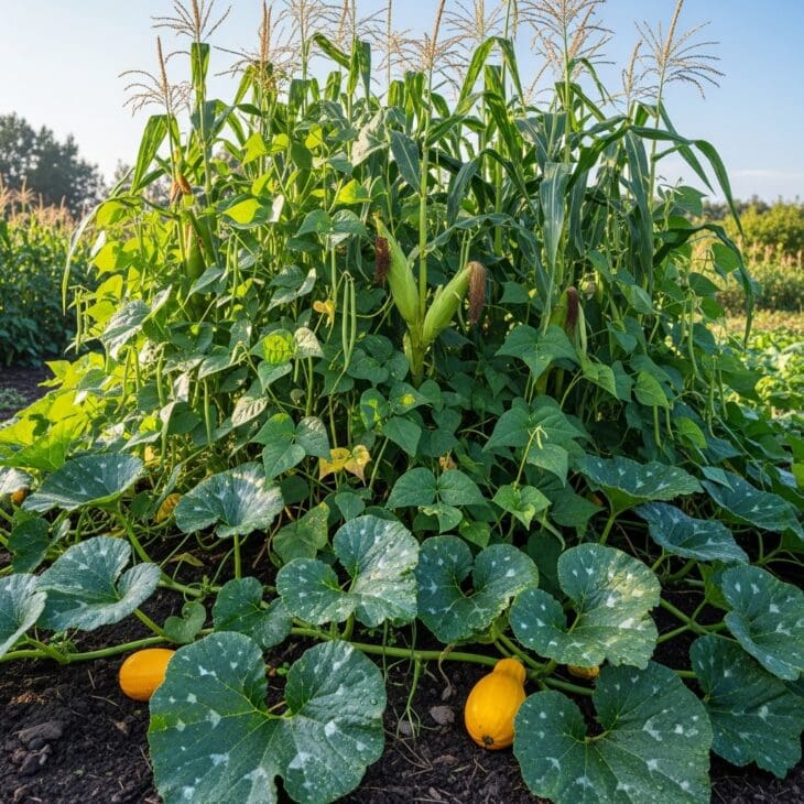 Three Sisters planting of corn, beans and squash together