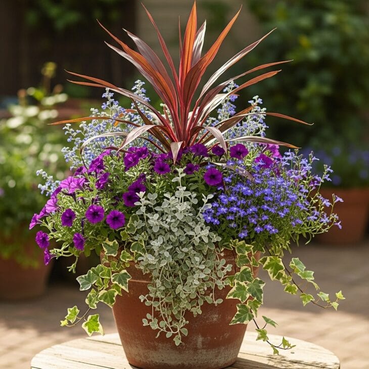 Container planted with the thriller, filler, spiller formula