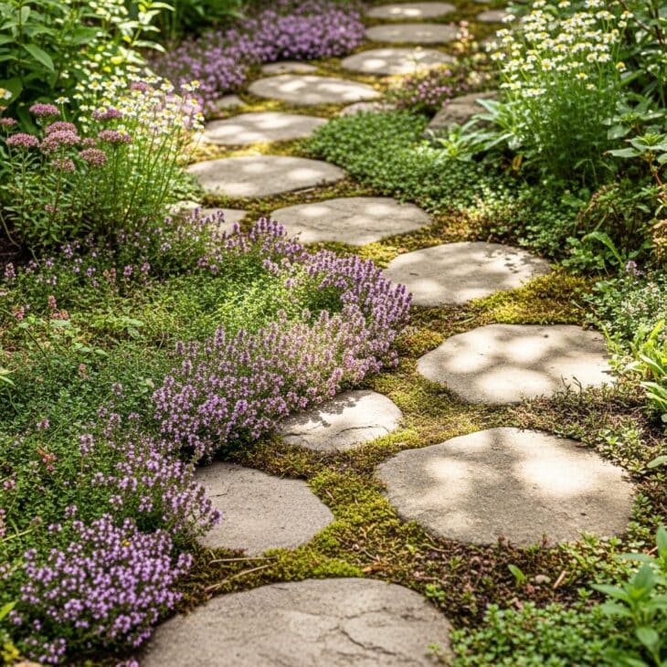 Stone path with creeping thyme growing in the gaps