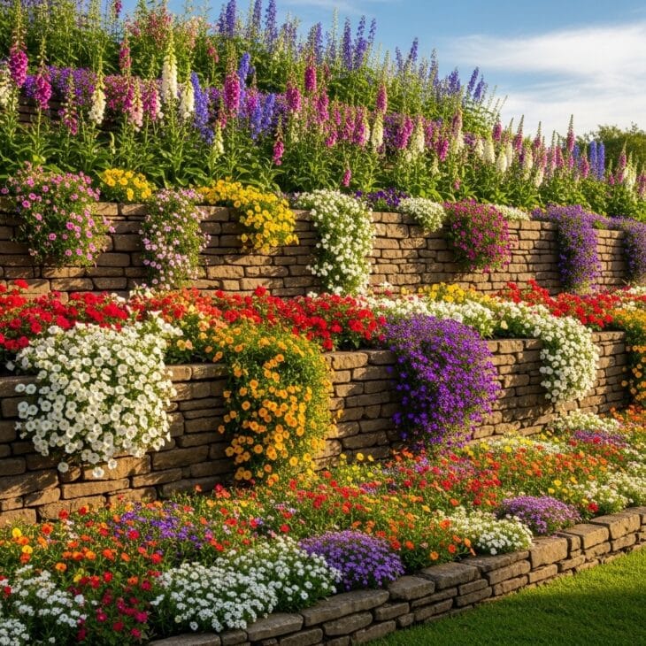 Tiered flower bed terraced into a slope