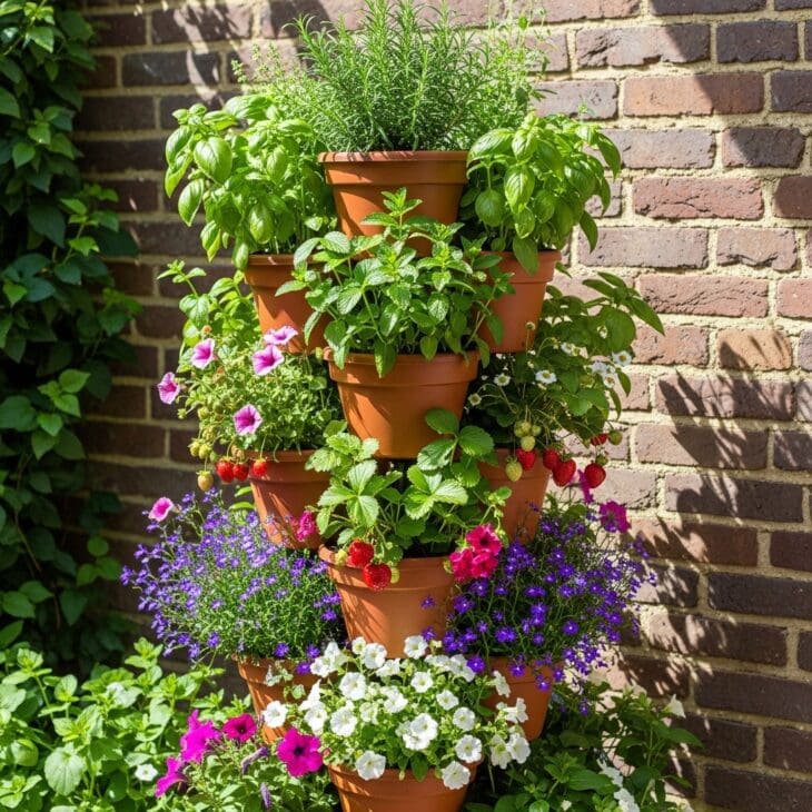 Stacked and tiered pots forming a vertical container garden