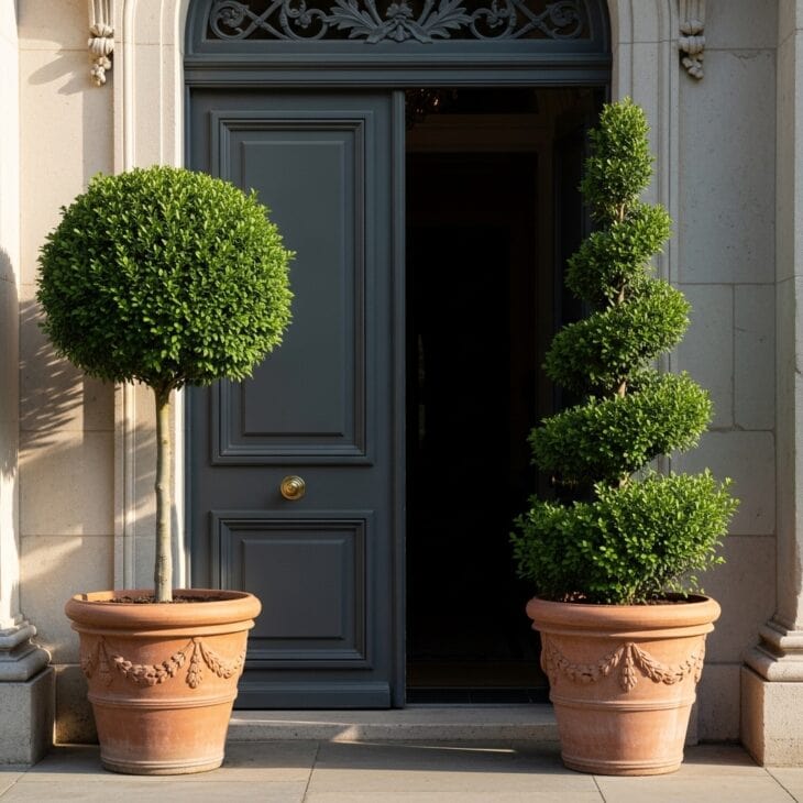 Clipped evergreen topiary in matching pots by a door