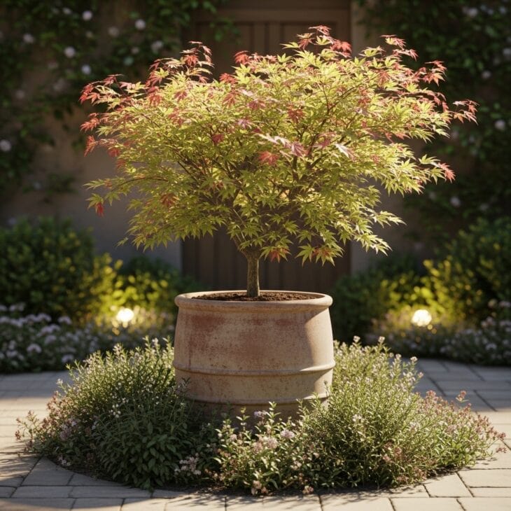 Small tree in a large pot giving structure to a patio