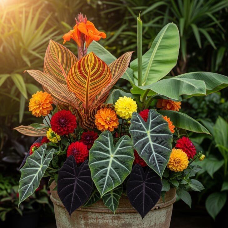 Bold tropical container with canna, banana and big leaves