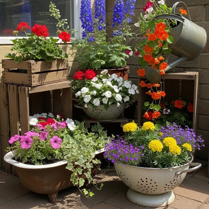 Upcycled quirky containers planted with flowers