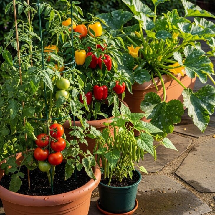 Vegetables growing in containers on a sunny patio
