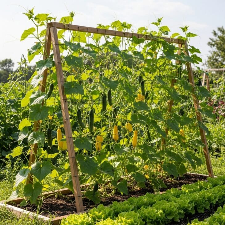 Cucumbers and squash climbing an A-frame trellis