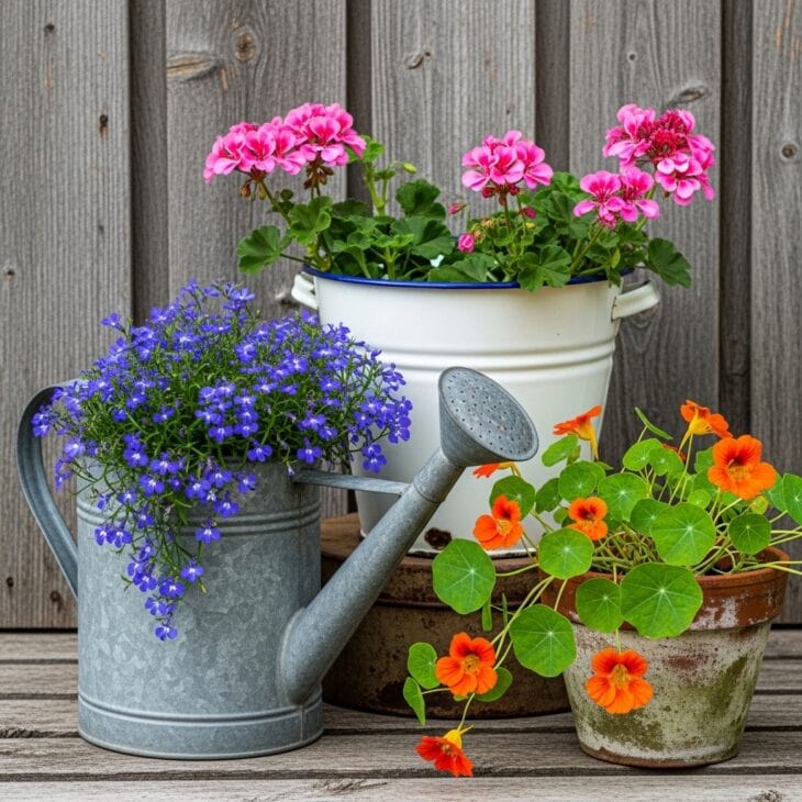 Vintage reclaimed containers planted with cottage flowers