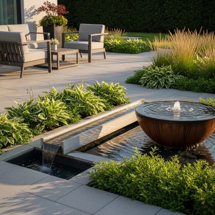 Modern water feature bringing sound to a patio