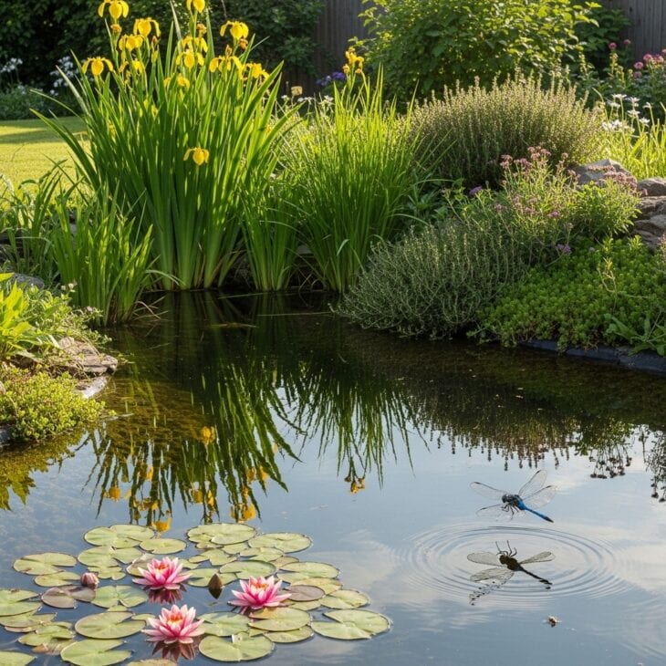 Natural wildlife pond edged with marginal planting