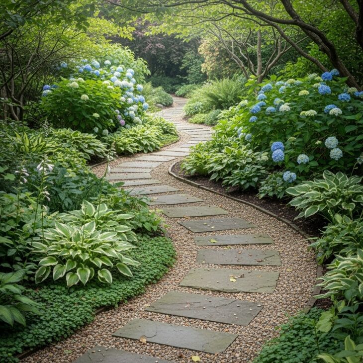 Curving garden path winding through backyard planting