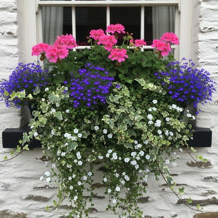 Overflowing cottage window boxes with trailing flowers
