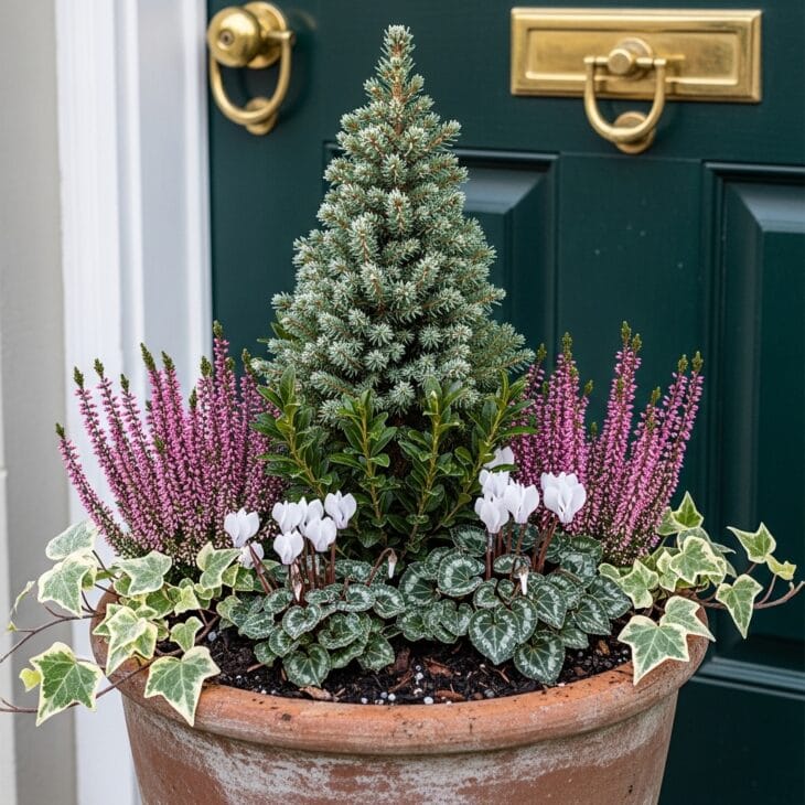 Winter container of evergreens and seasonal color by a door