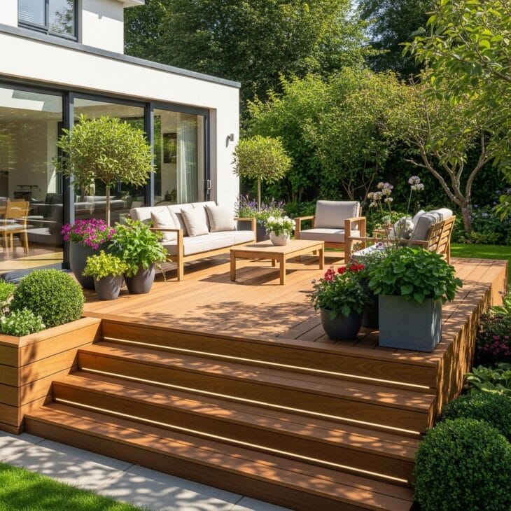 Raised wooden deck extending from the back of a house