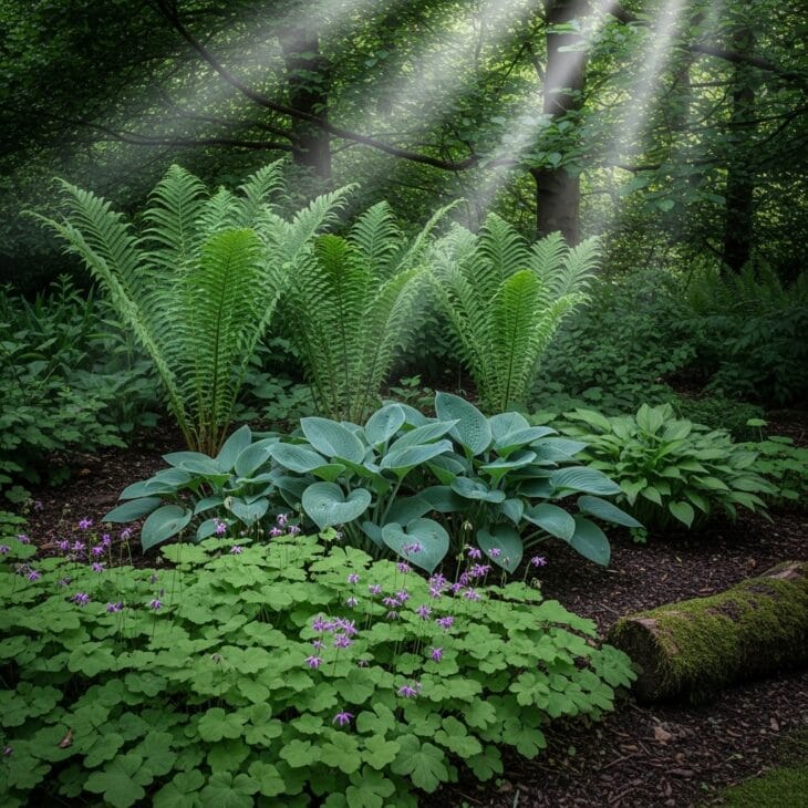 Layered Woodland Border with Ferns and Hostas