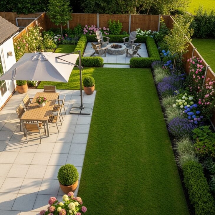 Backyard divided into distinct outdoor zones
