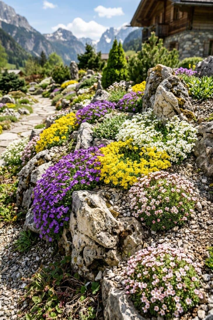 Purple aubrieta cascading over limestone in an alpine rock garden