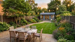 Backyard with a dining terrace, lawn, planted borders and a timber garden room