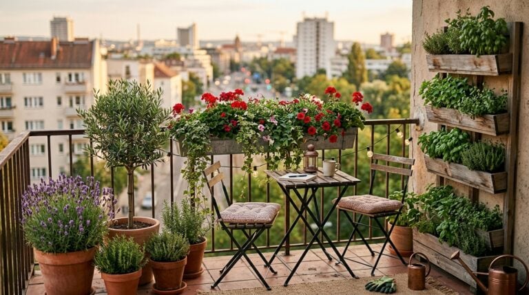 Sunny apartment balcony with railing geraniums, potted olive and lavender, a bistro table and a vertical herb wall