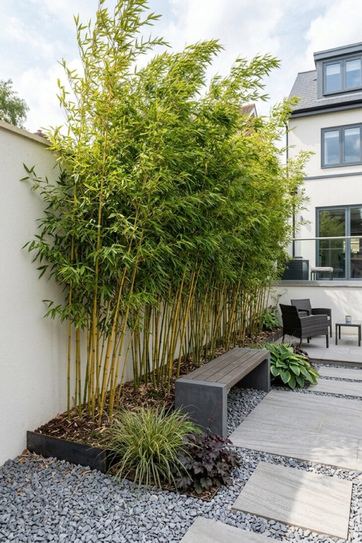 Golden-green bamboo canes forming a tall privacy screen against a wall