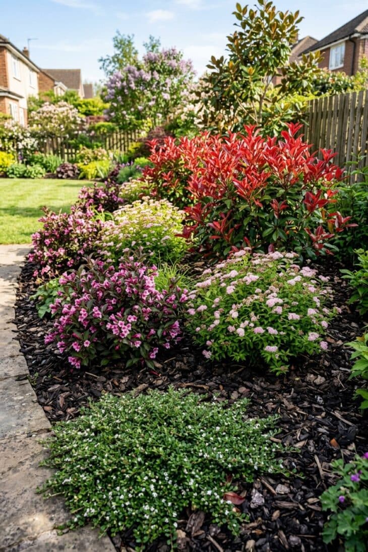 Dark bark mulch covering the soil between shrubs in a border