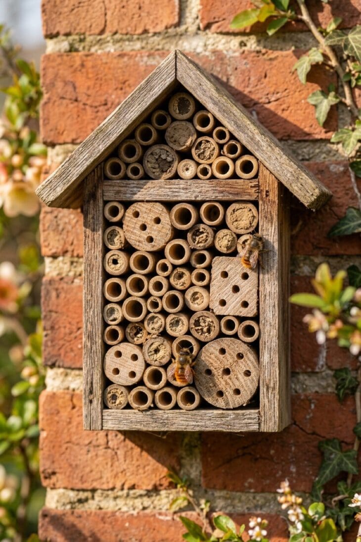 Bee hotel of bamboo canes on a sunny brick wall with sealed nest tubes