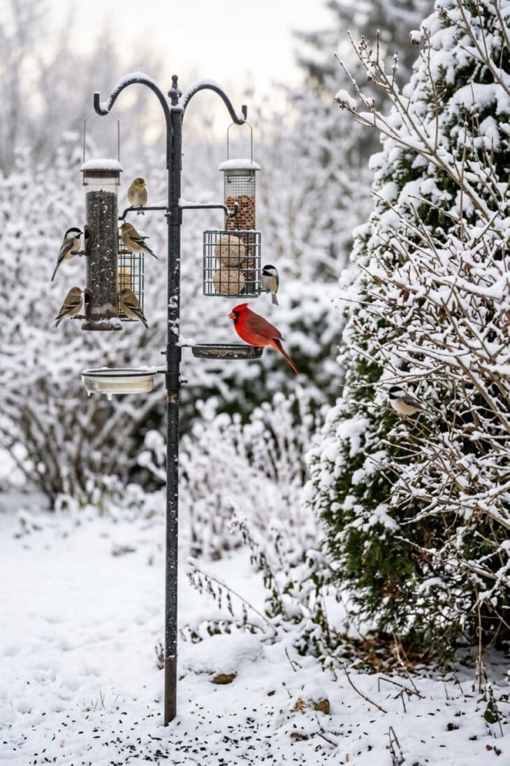 Bird feeding station with chickadees and a sheltering shrub nearby