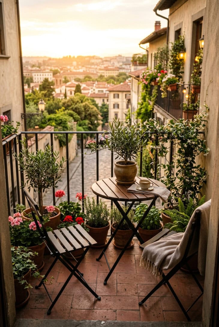 Small round folding bistro table and two metal chairs in a plant-filled balcony corner at golden hour
