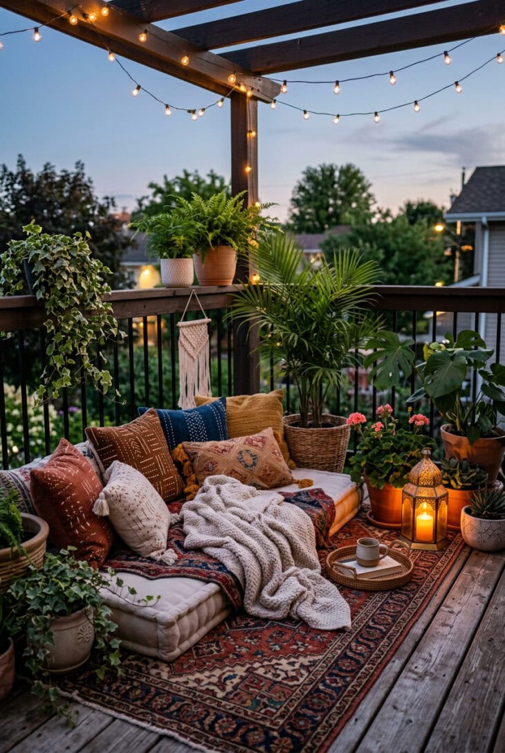Bohemian balcony floor nook with cushions, patterned rug, blanket and lantern glowing among potted plants at dusk