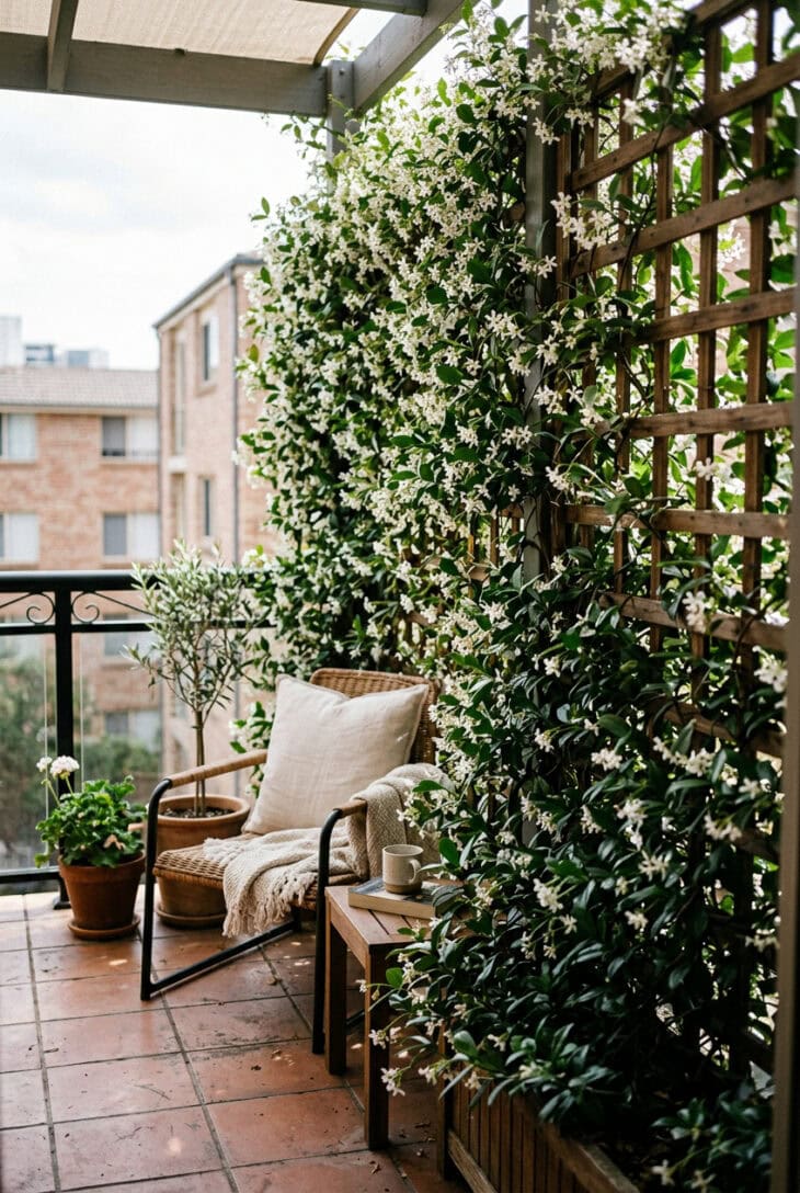 Tall trellis on a balcony side clothed in white-flowered star jasmine forming a living privacy screen