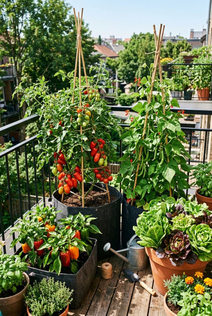 Balcony vegetable garden in grow bags and pots with staked tomatoes, lettuces, climbing beans and peppers