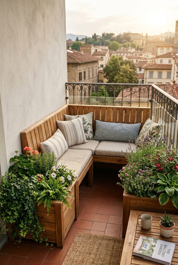L-shaped built-in wooden balcony bench with planter boxes at each end and cushions on top