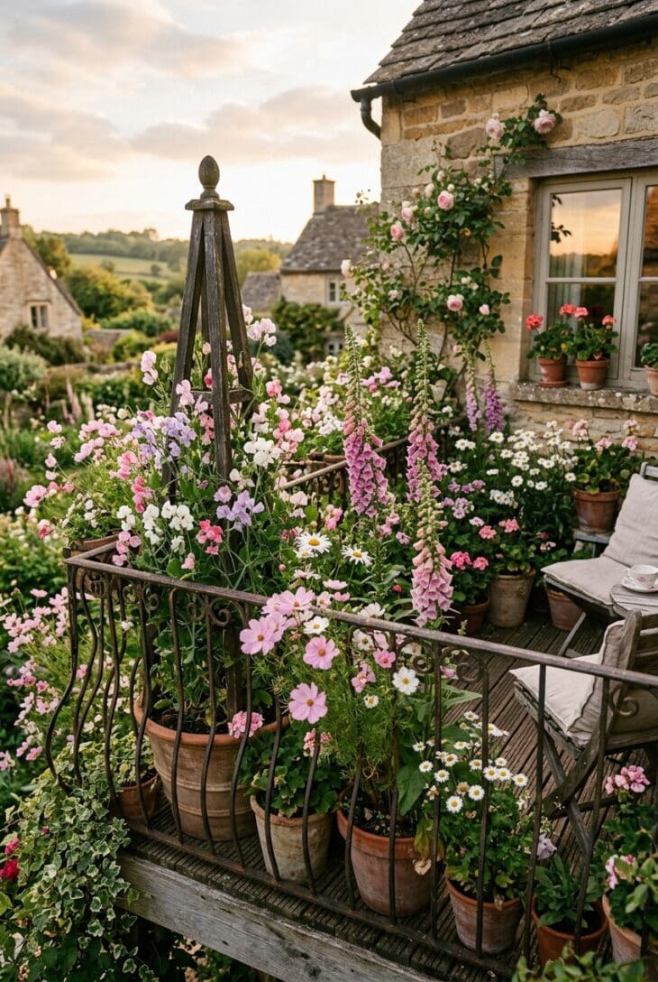 Romantic cottage-style balcony overflowing with cosmos, foxgloves, climbing sweet peas and daisies in pots