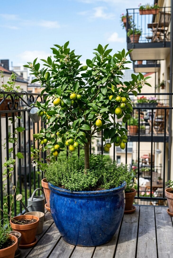 Compact dwarf fruit tree in a large glazed pot on a balcony with ripening fruit and herbs underplanted