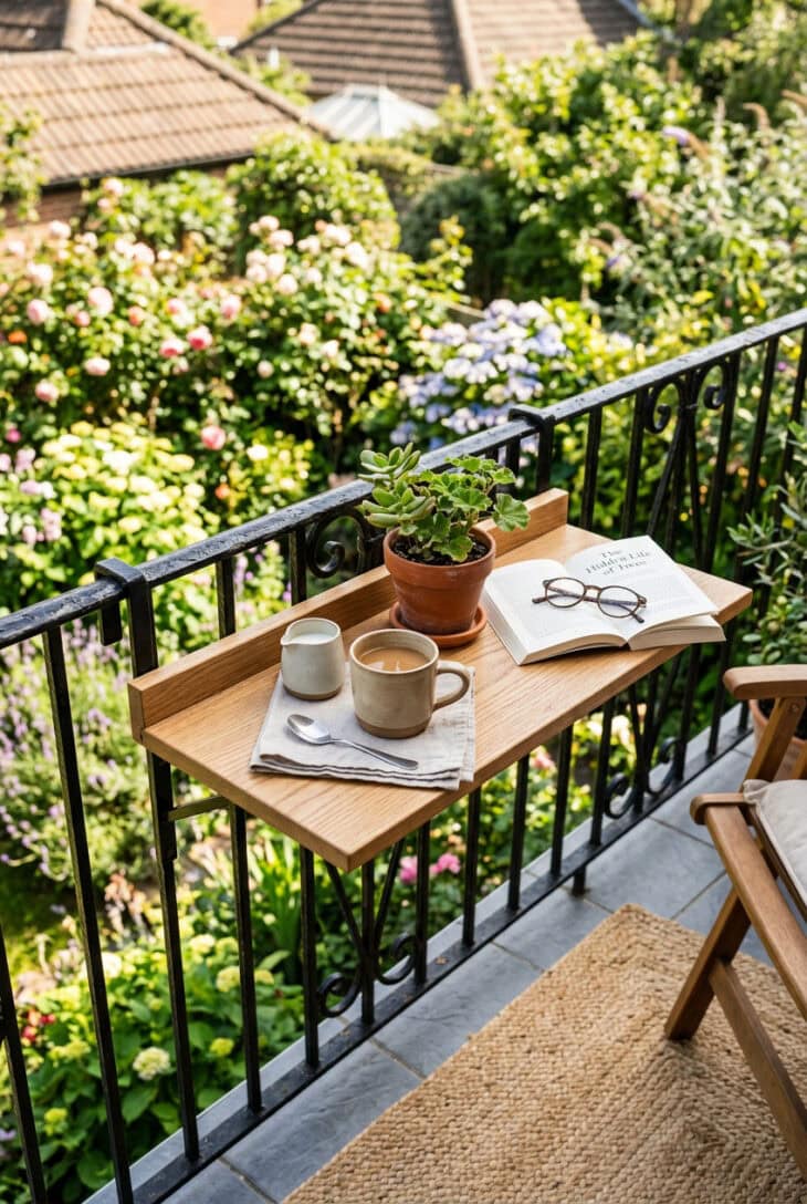 Slim wooden fold-down table mounted on a balcony railing set with coffee, a book and a small potted plant