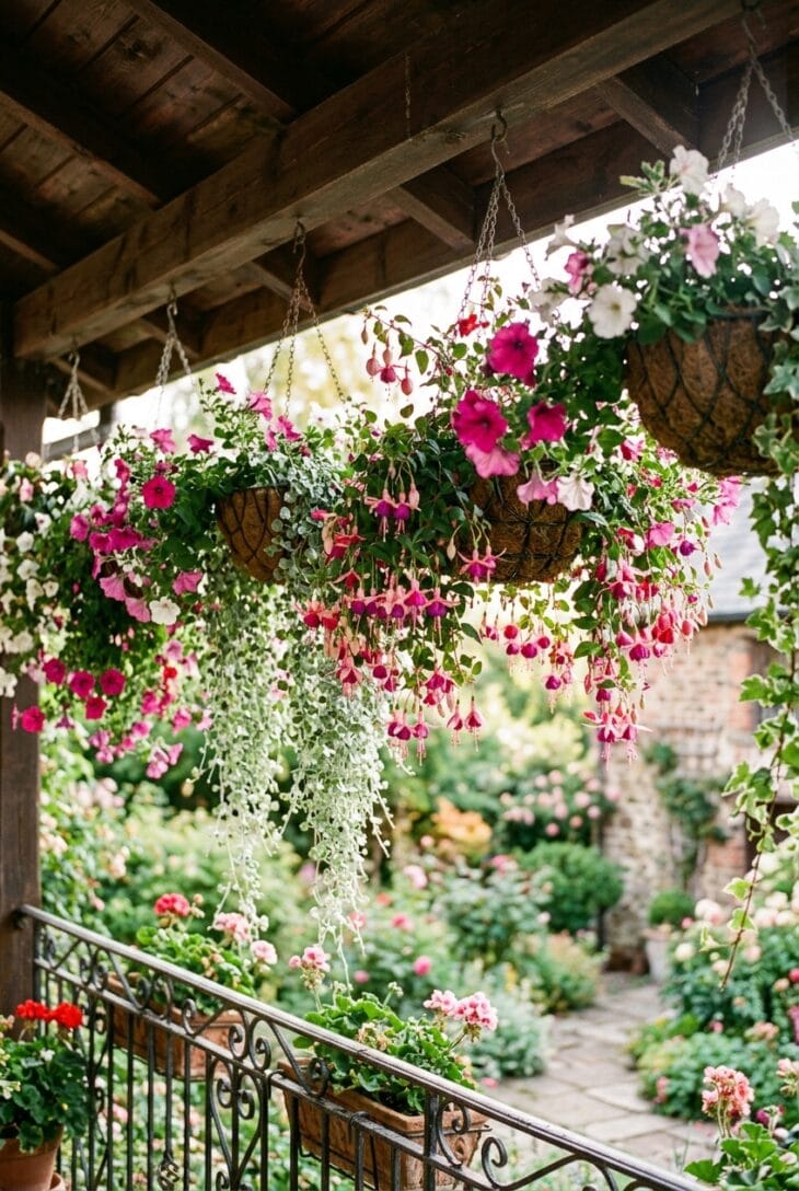 Lush hanging baskets at staggered heights dripping with trailing fuchsias, petunias and silver foliage