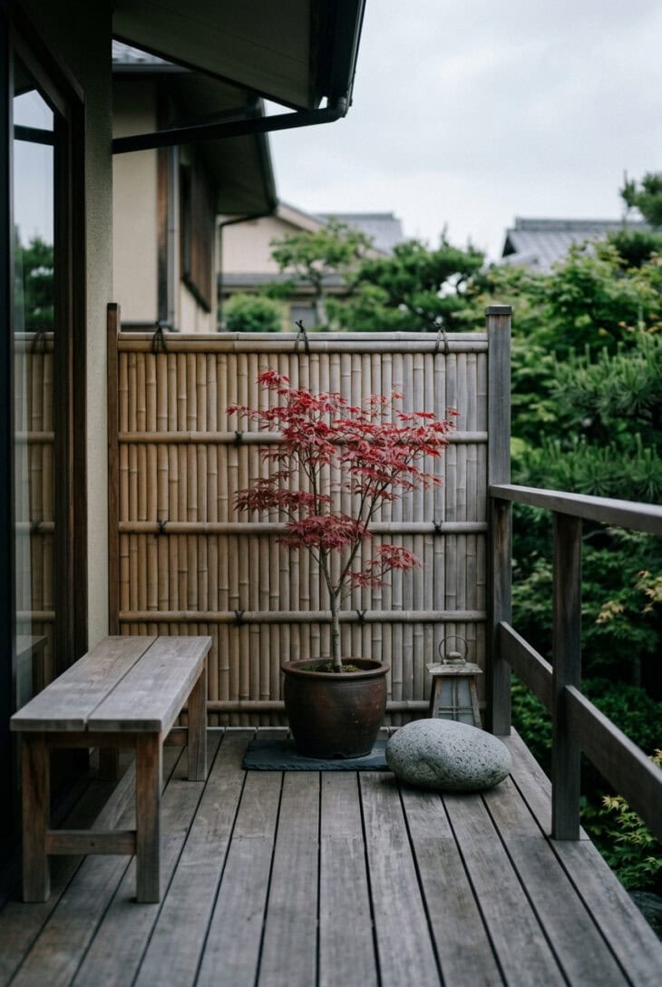 Minimalist Japanese-style balcony with a potted red Japanese maple, bamboo screen, stone and simple bench