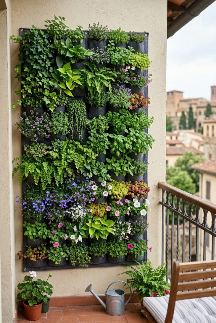 Vertical living wall of fabric planting pockets on a balcony filled with trailing plants, herbs and flowers