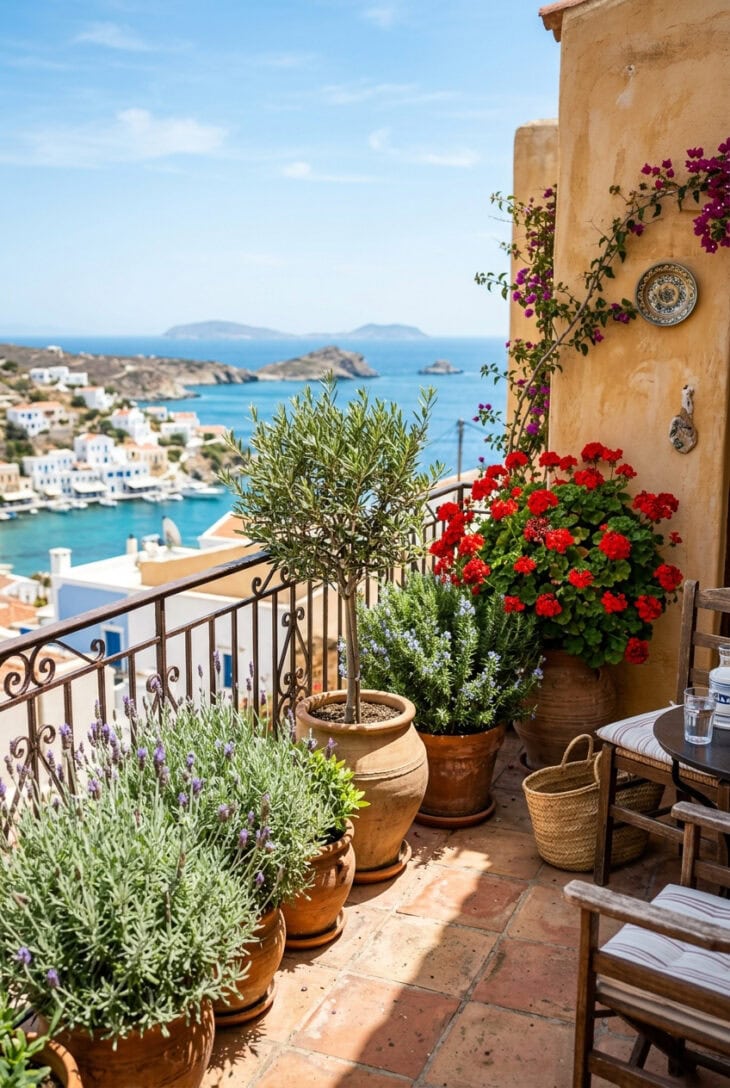 Sun-drenched balcony with terracotta pots of lavender, a potted olive, rosemary and red geraniums