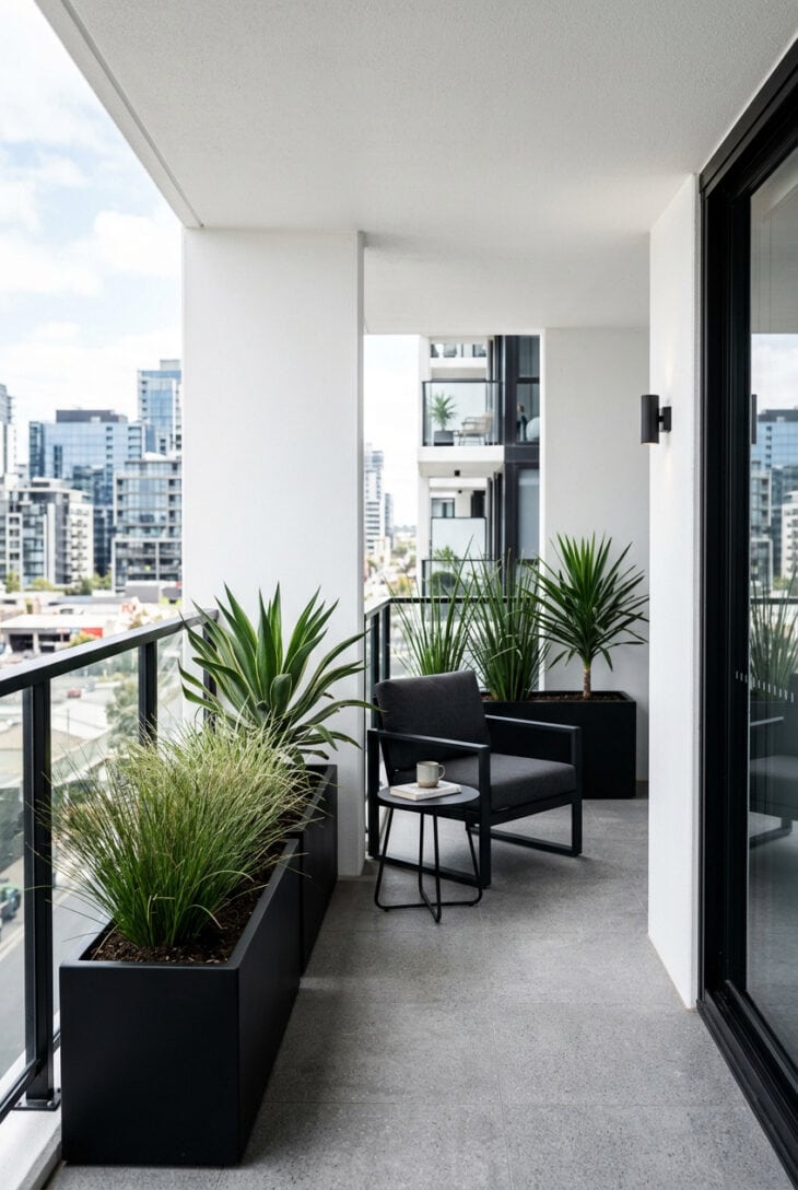 Sleek modern balcony with matte black planters of grasses, white walls and minimalist grey furniture