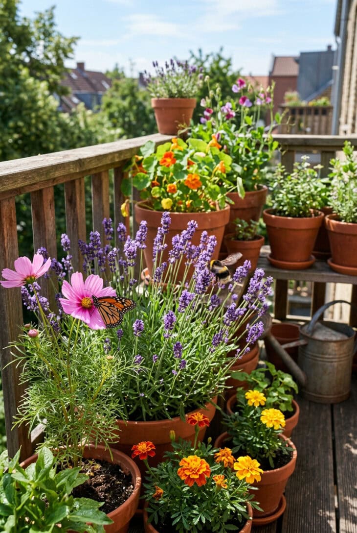 Balcony pots of lavender, cosmos and marigolds with a bumblebee and butterfly feeding in summer sun