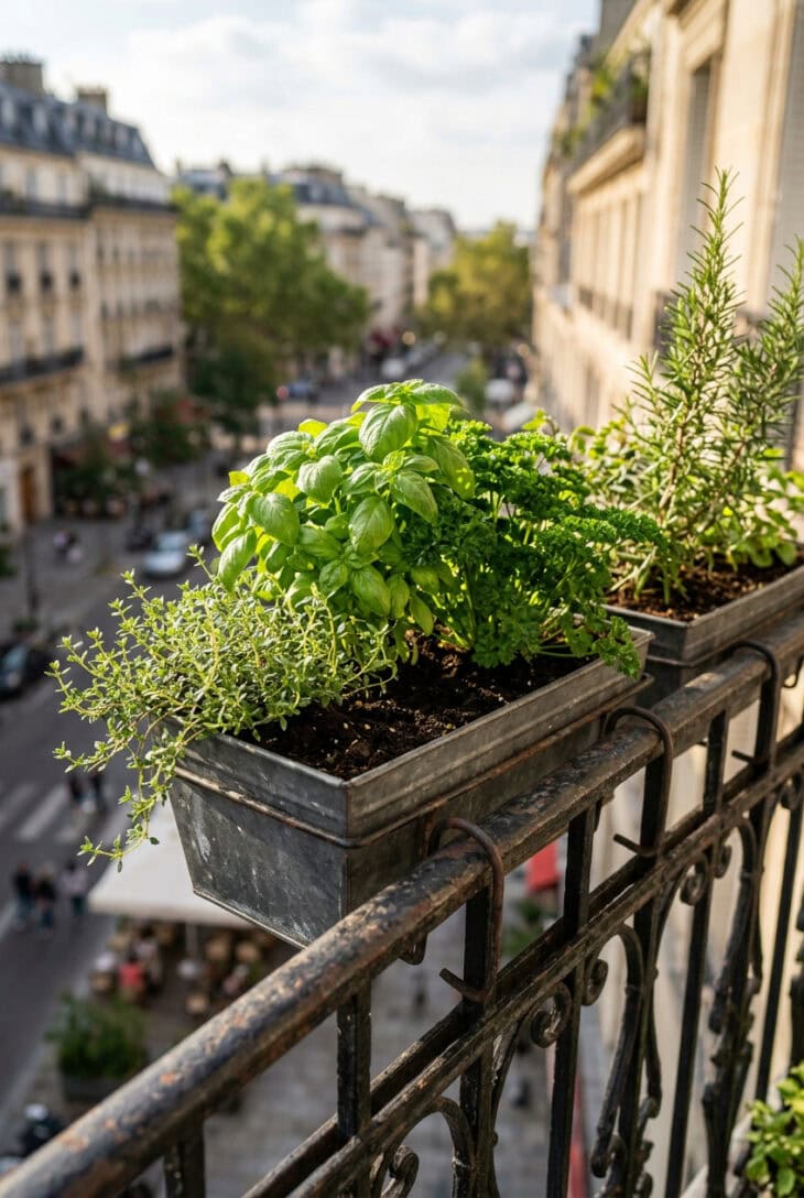 Rectangular railing planters full of basil, parsley, thyme and rosemary hooked over a balcony rail