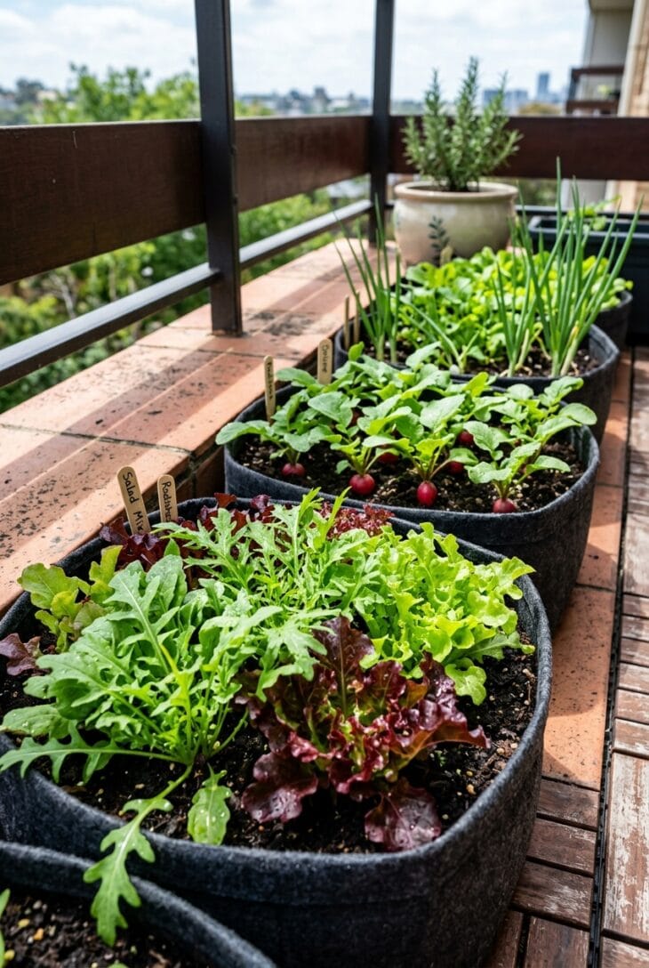 Shallow fabric grow bags on a balcony floor packed with mixed salad leaves, radishes and spring onions