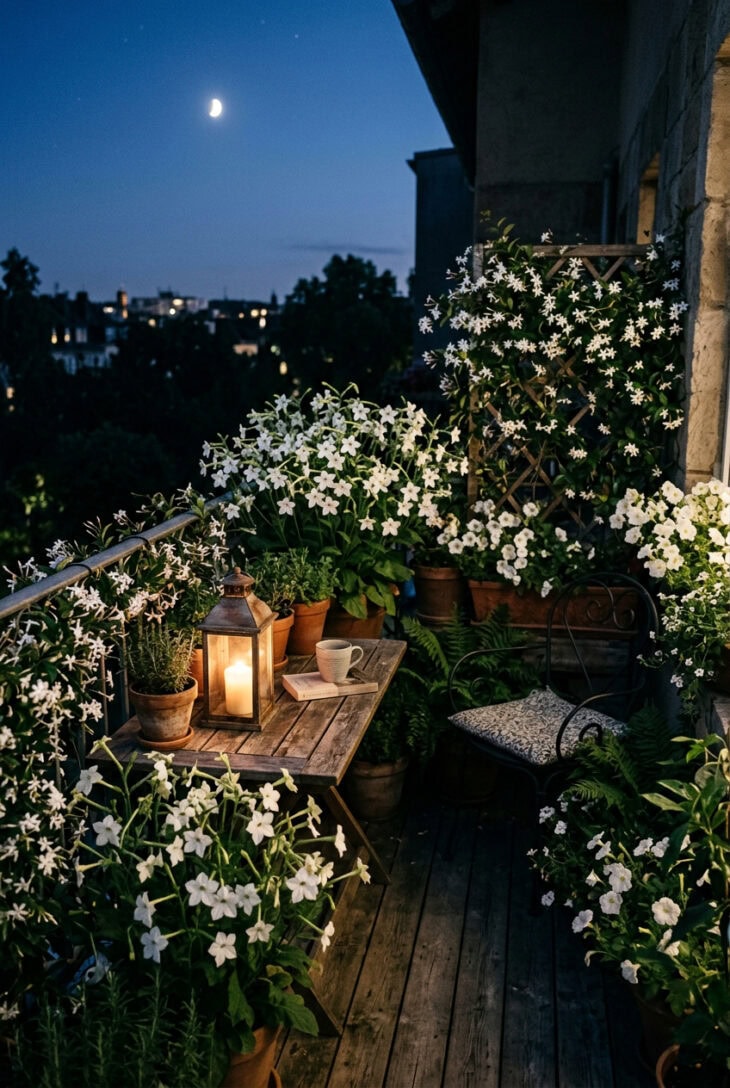 Night balcony of glowing white jasmine and nicotiana lit by moonlight and a single lantern