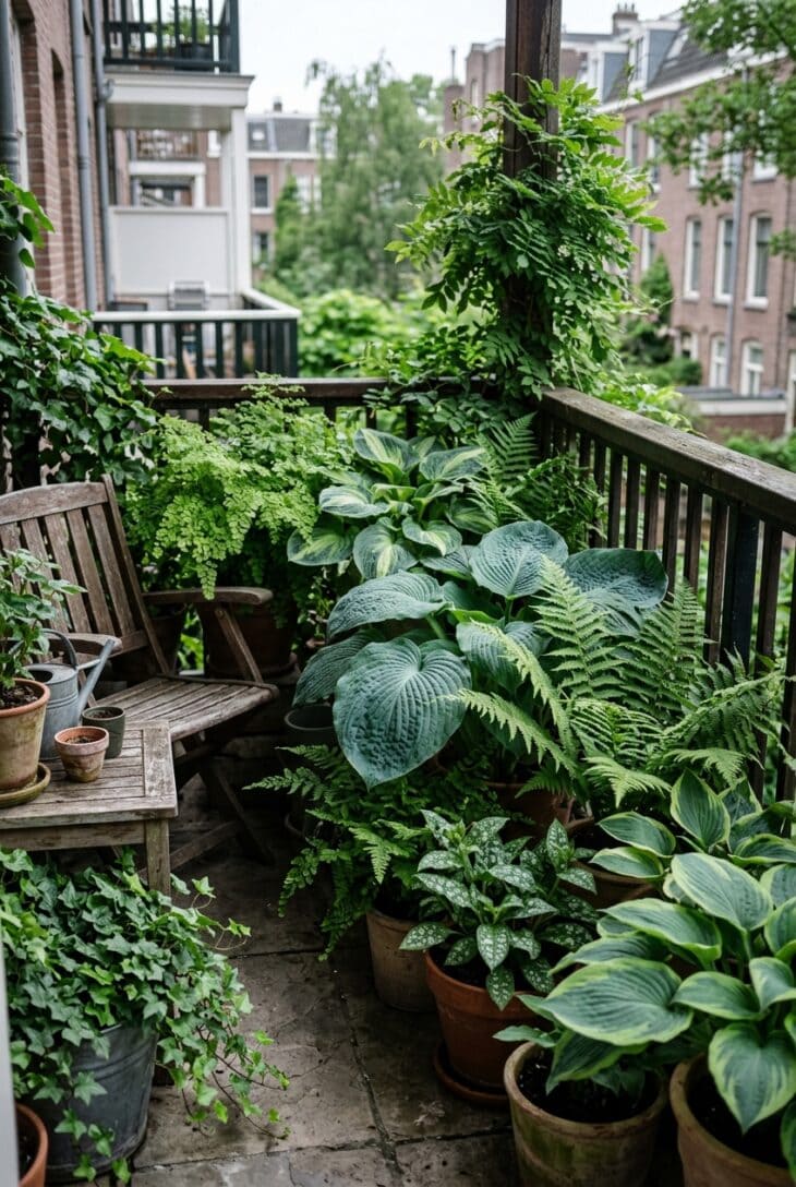 Shady north-facing balcony filled with hostas, ferns and spotted foliage in layered cool greens