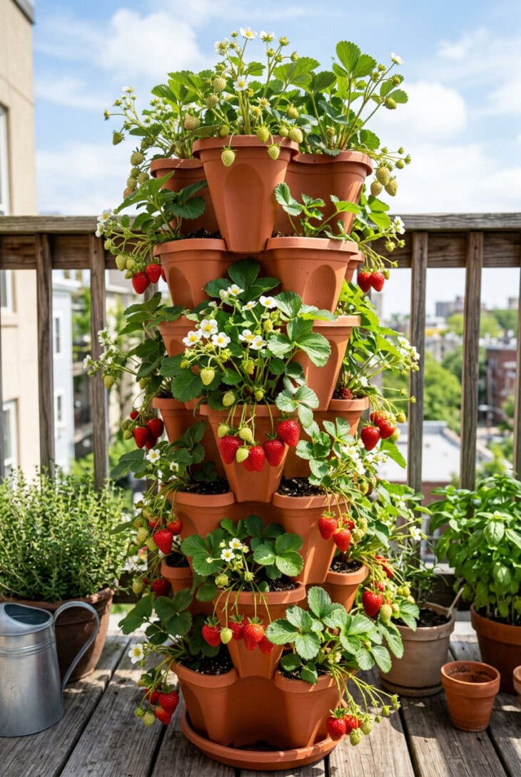 Vertical stacked strawberry tower on a balcony with white flowers, green fruit and ripe red berries