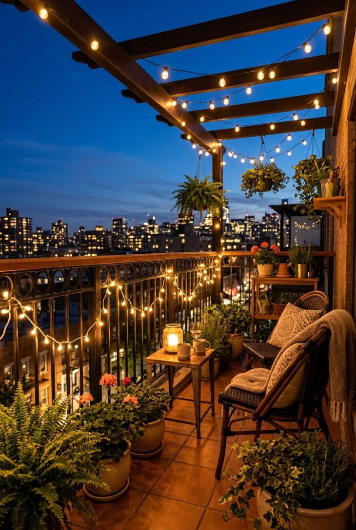 Balcony at dusk lit by warm string lights along the railing and overhead, glowing over plants and chairs