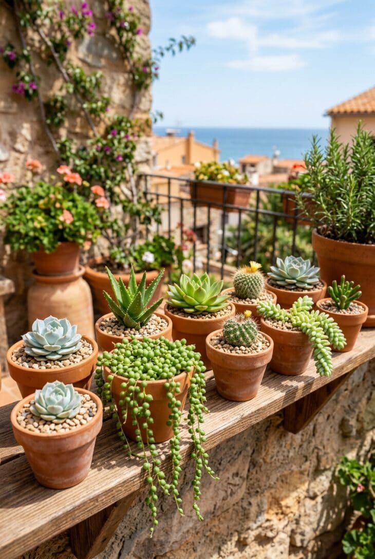 Sunny balcony shelf of terracotta pots holding echeverias, string-of-pearls and aloe in greens and blues